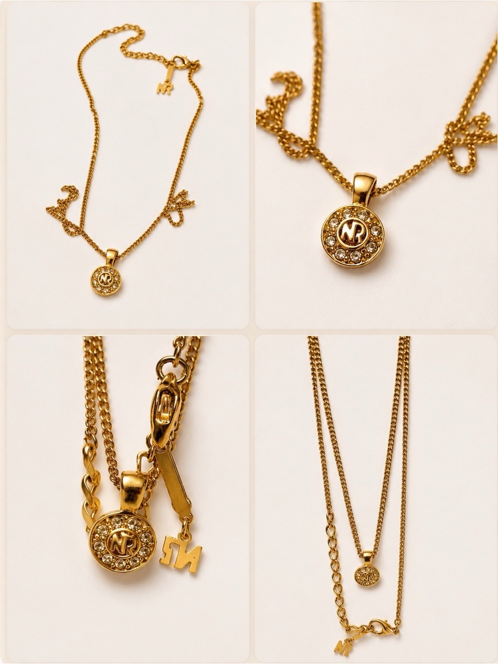 Nina Ricci Gold Tone Crystal Logo Pendant Necklace 16” + 2” Extender - Picture 4 of 4